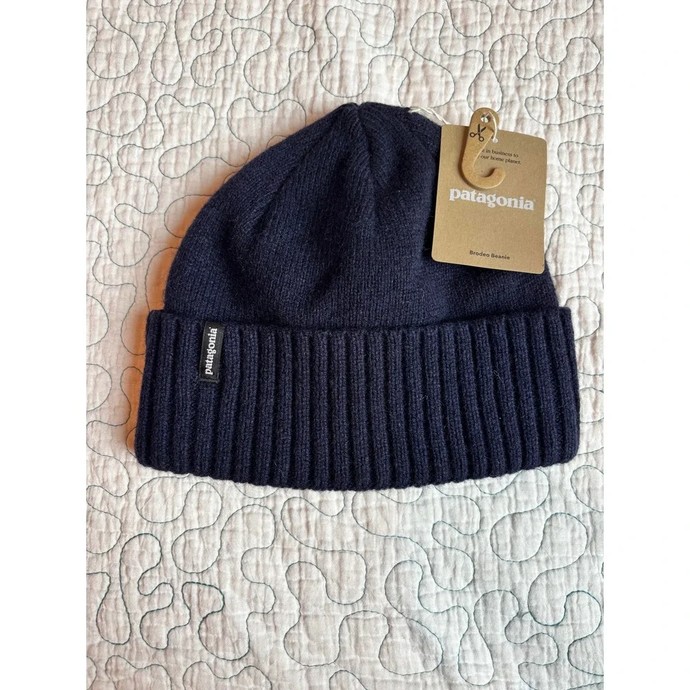 Patagonia Brodeo Beanie New Navy Blue Recycled Wool Blend Ribbed Hat OS